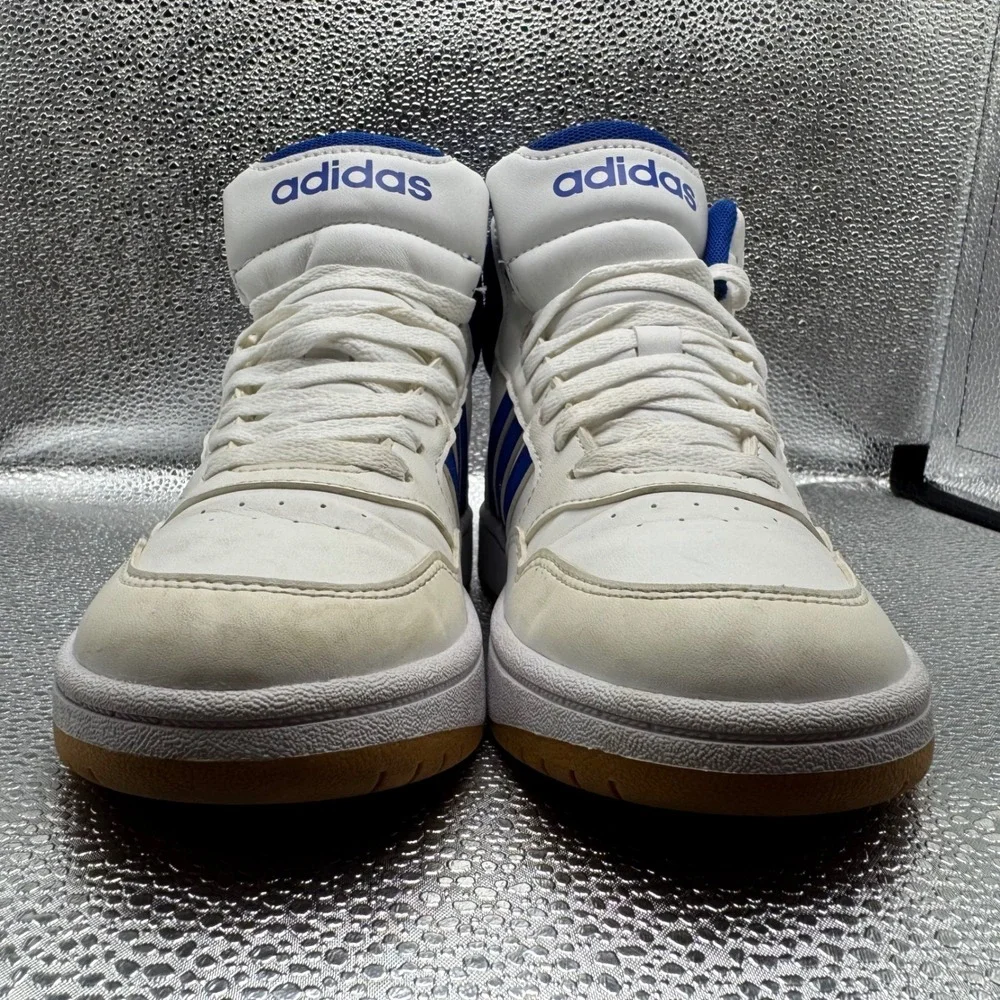 Size 4 Adidas Hoops 3.0 Mid Sneakers Kids White Blue Good IE0222 High Top